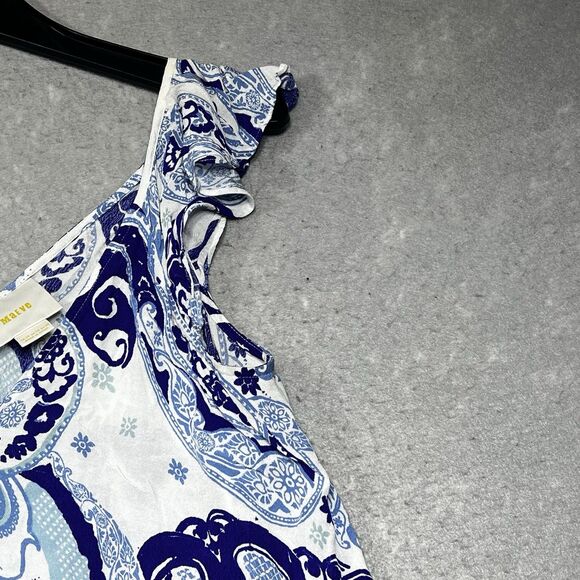 Anthropologie By Maeve Blouse Womens Sz 10 Clana Blue Motif Flutter Sleeve Top - Picture 3 of 10